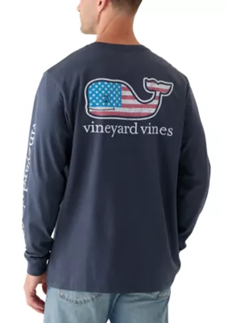 Men's Flag Whale Long Sleeve Pocket Graphic T-Shirt