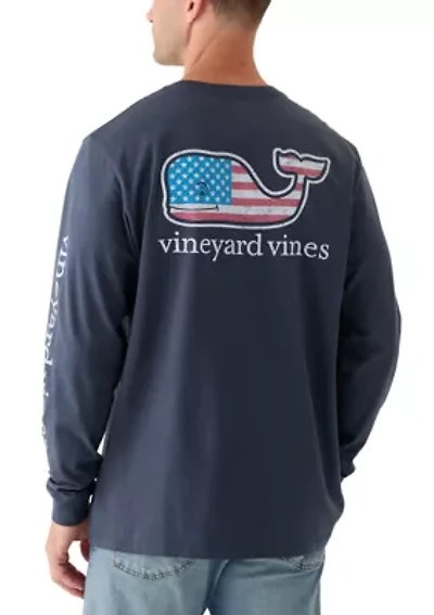 Men's Flag Whale Long Sleeve Pocket Graphic T-Shirt