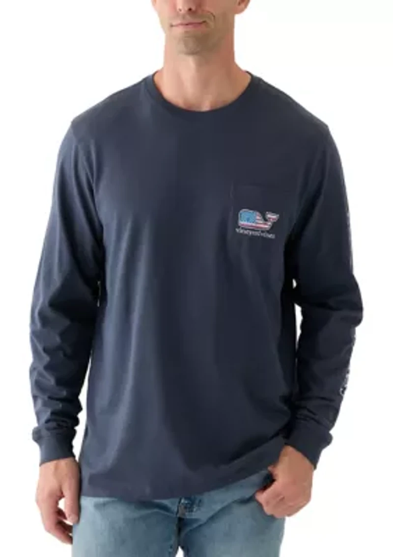 Men's Flag Whale Long Sleeve Pocket Graphic T-Shirt