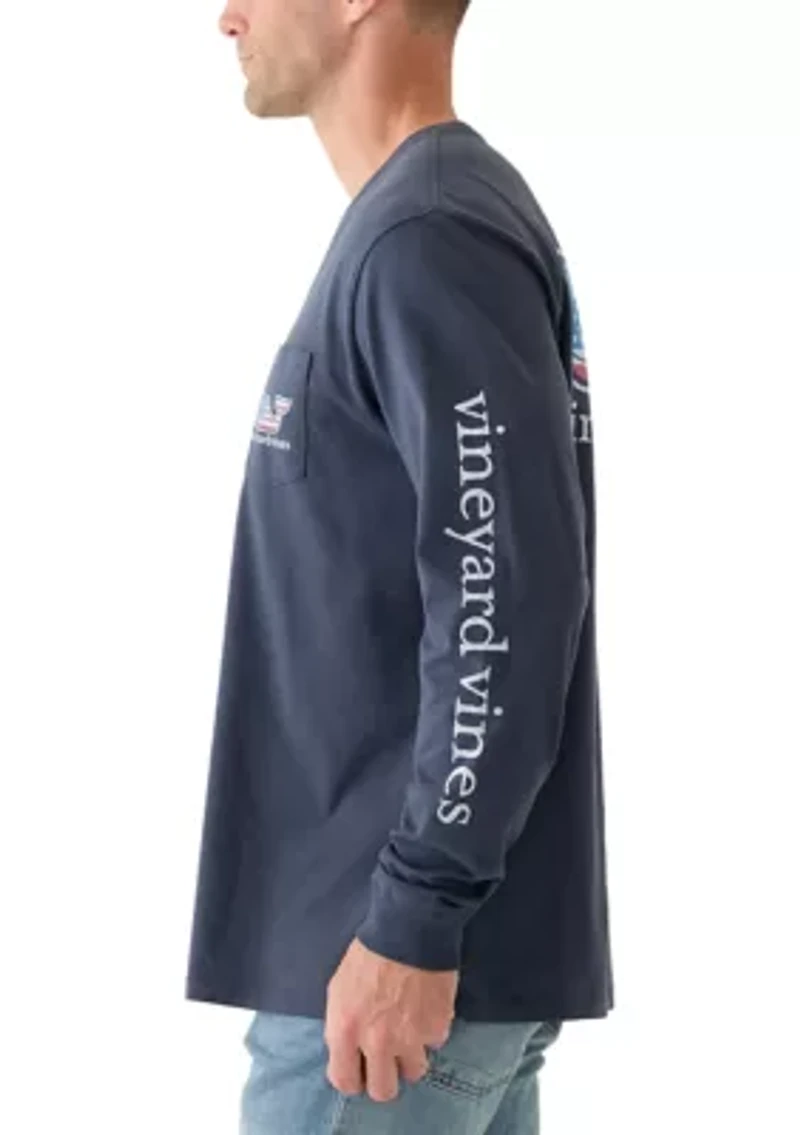 Men's Flag Whale Long Sleeve Pocket Graphic T-Shirt