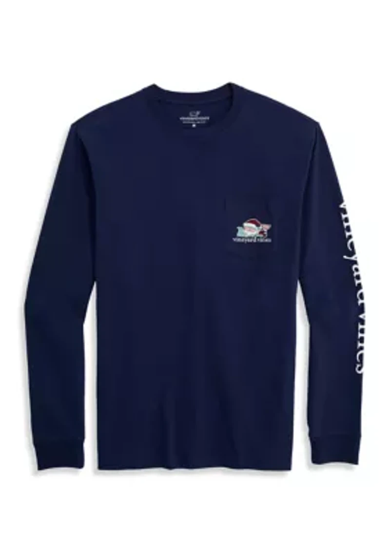 Santa's List Whale Long Sleeve Pocket Graphic T-Shirt