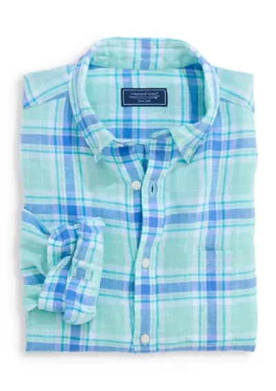 Men's Button Down Collared Plaid Linen Shirt