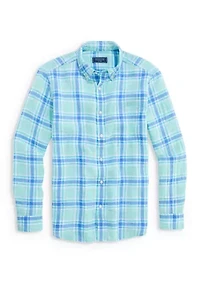 Men's Button Down Collared Plaid Linen Shirt
