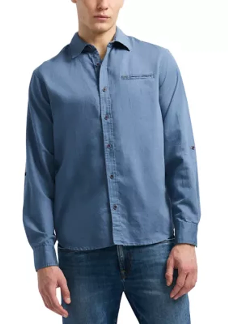 Men's Simbio Long-Sleeve Linen Cotton Blend Button-Up Fitted Shirt, Moonlight Blue