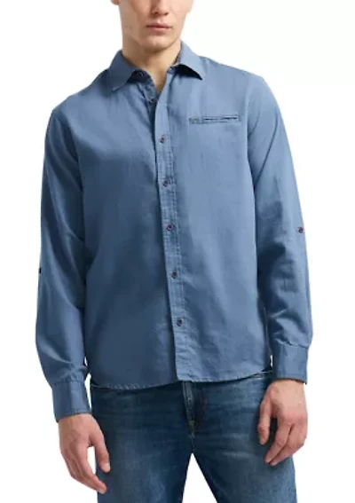 Men's Simbio Long-Sleeve Linen Cotton Blend Button-Up Fitted Shirt, Moonlight Blue