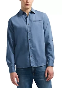 Men's Simbio Long-Sleeve Linen Cotton Blend Button-Up Fitted Shirt, Moonlight Blue