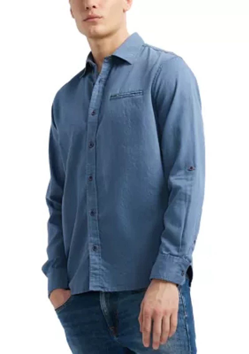 Men's Simbio Long-Sleeve Linen Cotton Blend Button-Up Fitted Shirt, Moonlight Blue