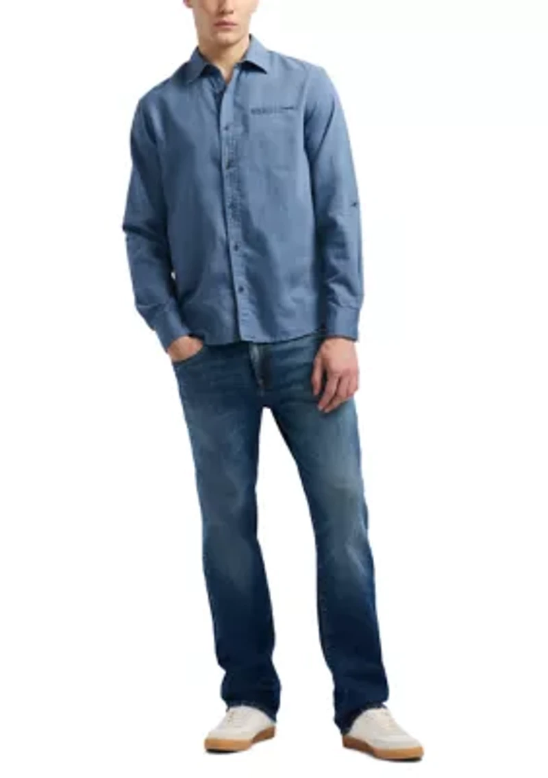 Men's Simbio Long-Sleeve Linen Cotton Blend Button-Up Fitted Shirt, Moonlight Blue