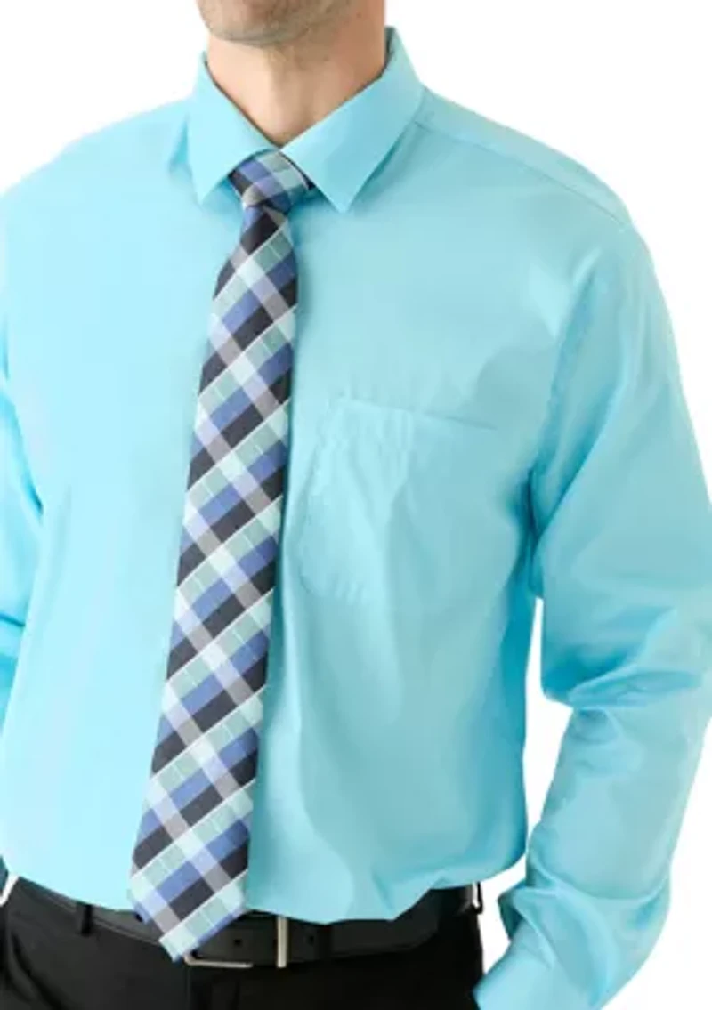 Solid Shirt and Plaid Tie Set