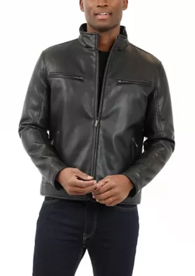 Men's Faux Leather Stand Collar Rain Jacket
