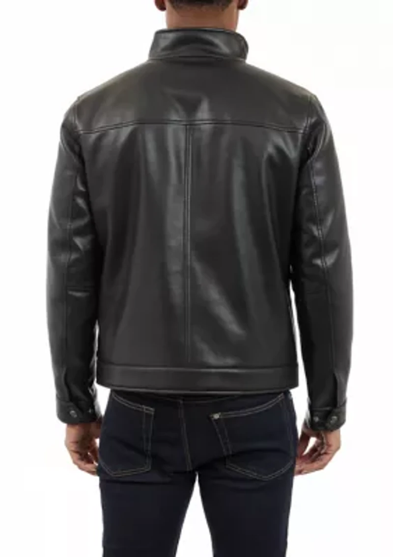 Men's Faux Leather Stand Collar Rain Jacket