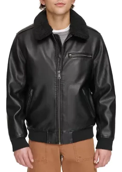 Faux Leather Bomber Jacket with Sherpa Collar and Quilted Lining