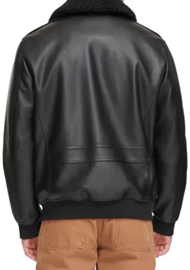 Faux Leather Bomber Jacket with Sherpa Collar and Quilted Lining