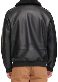Faux Leather Bomber Jacket with Sherpa Collar and Quilted Lining