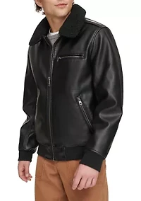 Faux Leather Bomber Jacket with Sherpa Collar and Quilted Lining