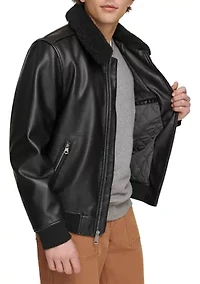 Faux Leather Bomber Jacket with Sherpa Collar and Quilted Lining
