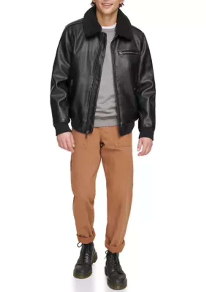 Faux Leather Bomber Jacket with Sherpa Collar and Quilted Lining