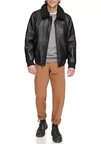 Faux Leather Bomber Jacket with Sherpa Collar and Quilted Lining