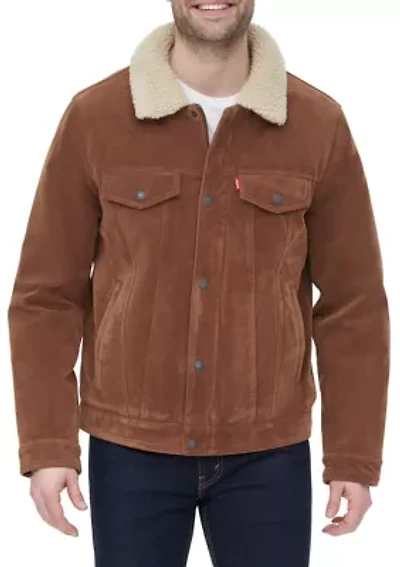 Faux Suede Trucker Jacket with Sherpa Lining and Collar