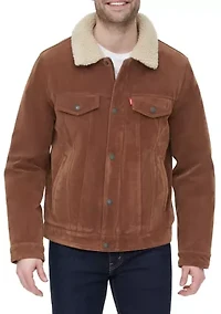Faux Suede Trucker Jacket with Sherpa Lining and Collar