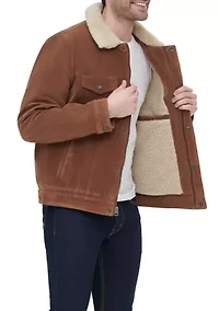 Faux Suede Trucker Jacket with Sherpa Lining and Collar