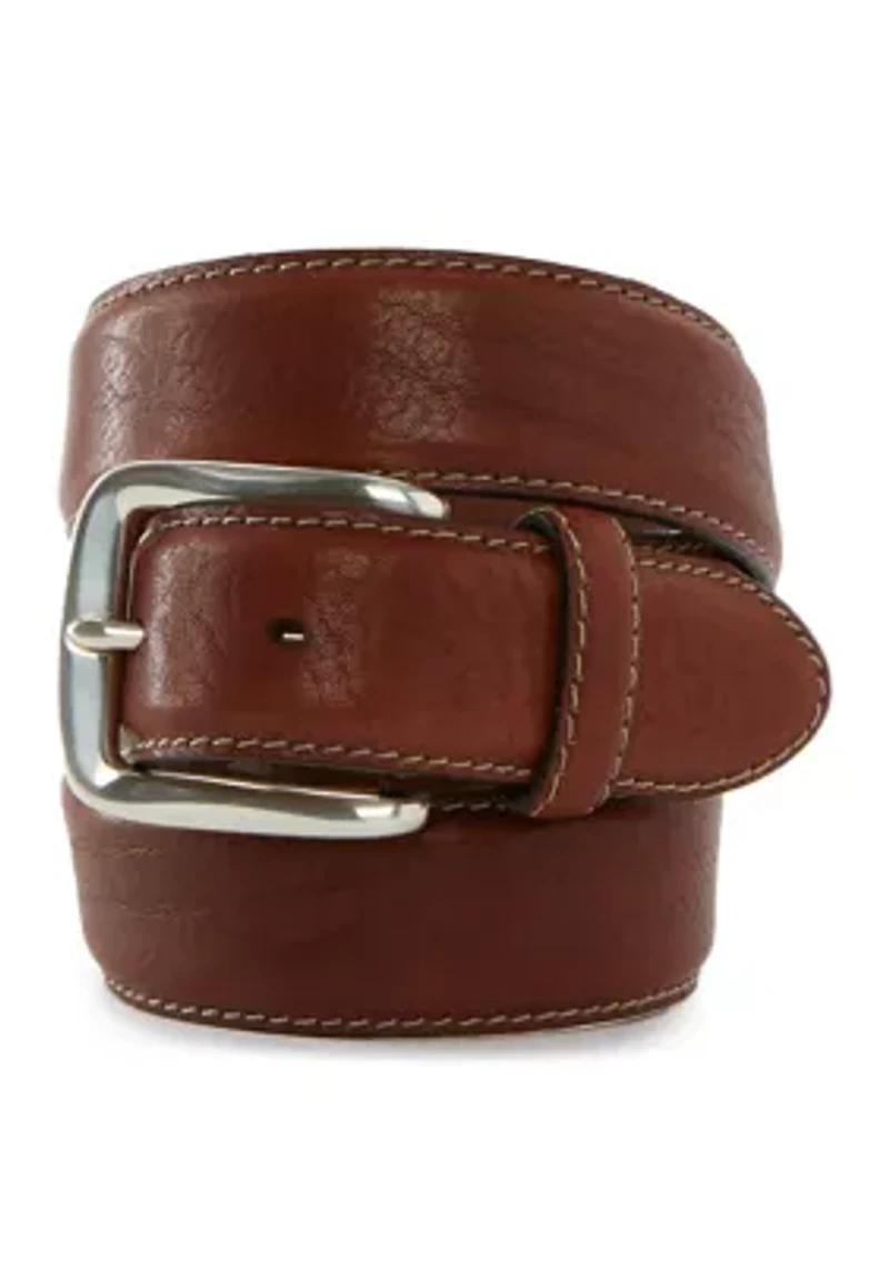 Men's Stitched Edge Polished Silver Buckle Belt