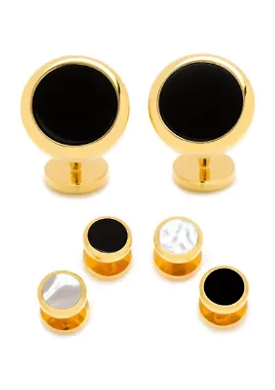Double Sided Gold Onyx Round Beveled Stud Set