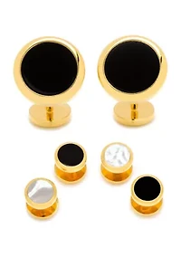 Double Sided Gold Onyx Round Beveled Stud Set