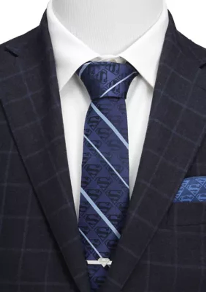 Superman Stripe Pattern Blue Silk Tie