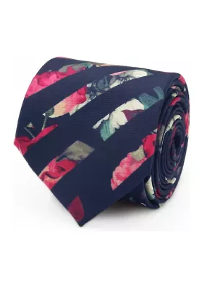 Men's Painted Floral Navy Stripe Silk Tie