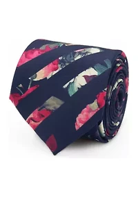 Men's Painted Floral Navy Stripe Silk Tie