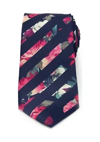 Men's Painted Floral Navy Stripe Silk Tie