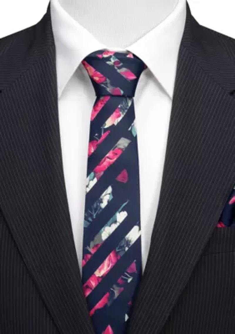 Men's Painted Floral Navy Stripe Silk Tie