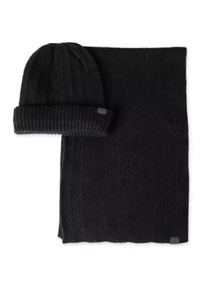 Herringbone Knit Beanie and Scarf Set
