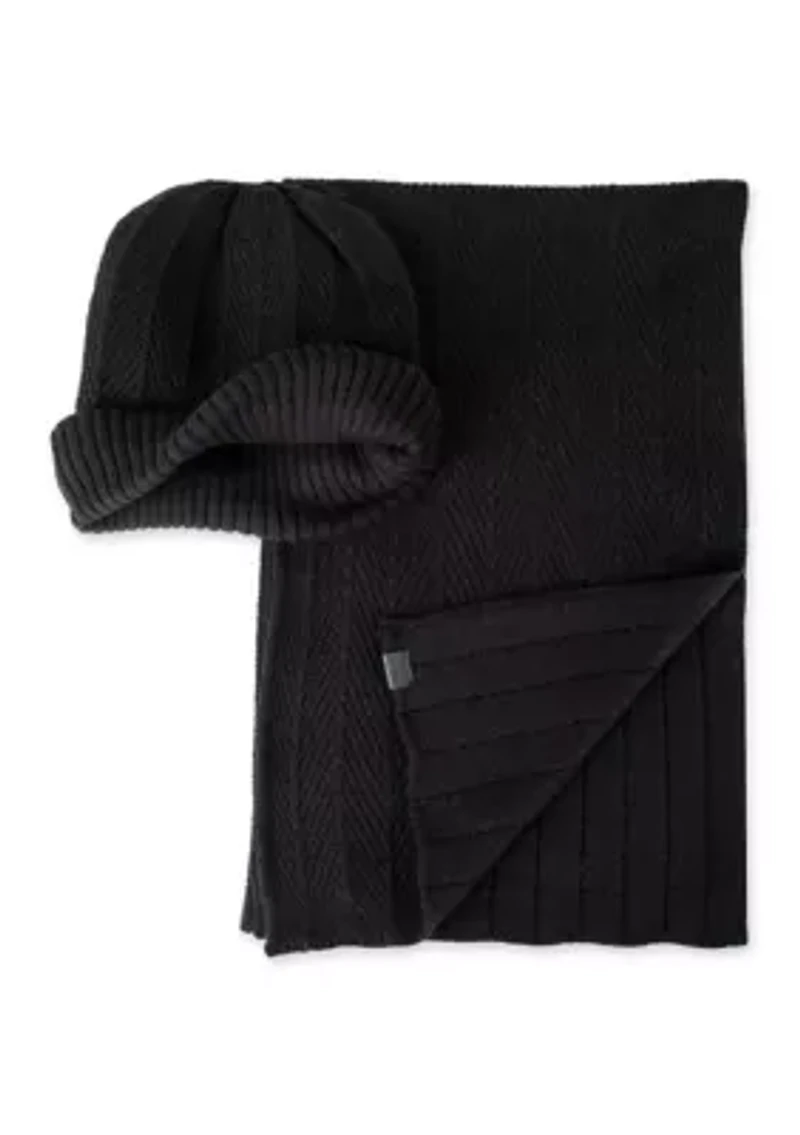 Herringbone Knit Beanie and Scarf Set