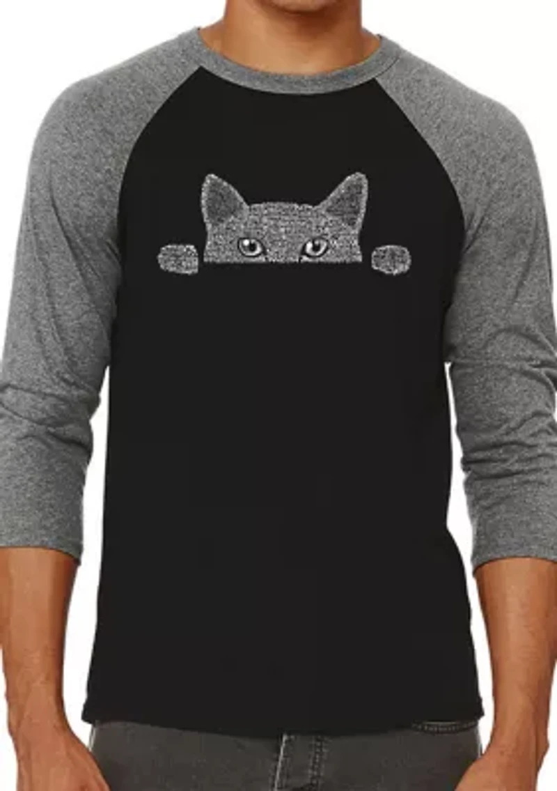 Men's Raglan Baseball Word Art Graphic T-Shirt - Peeking Cat