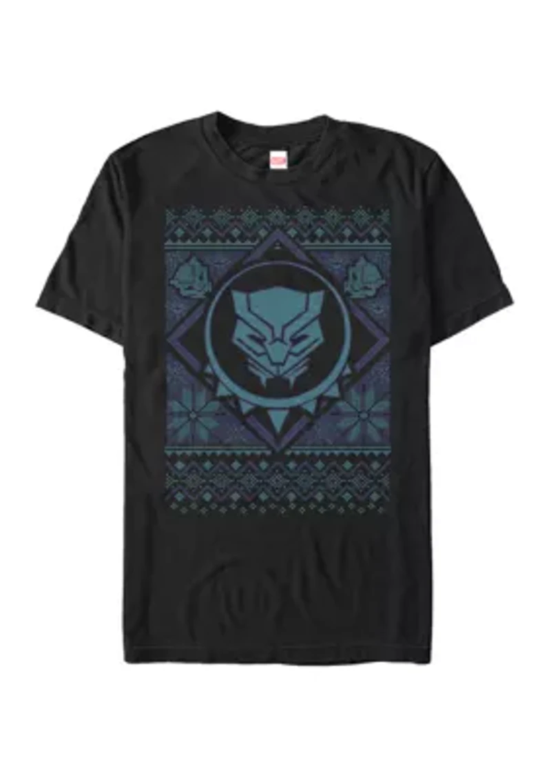 Big & Tall Black Panther Mask Ugly Sweater Print Short Sleeve Graphic T-Shirt