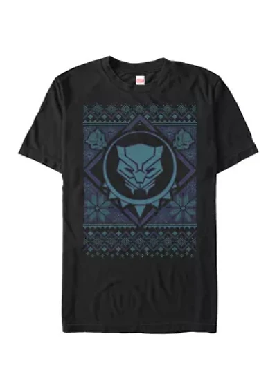 Big & Tall Black Panther Mask Ugly Sweater Print Short Sleeve Graphic T-Shirt