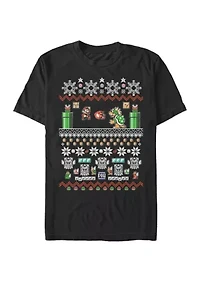 Big & Tall Mario Maker Christmas Sweater Print Short Sleeve Graphic T-Shirt