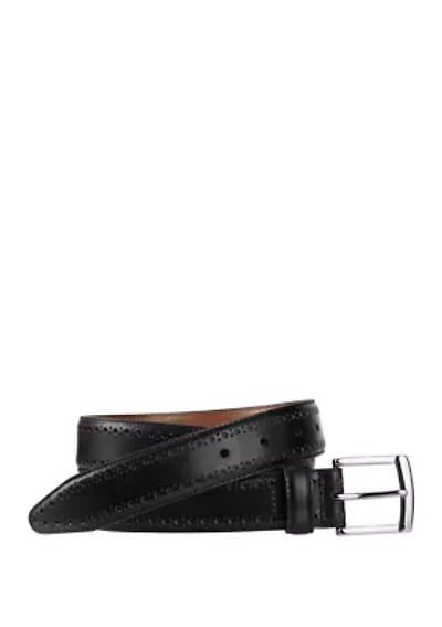 Men's 35 Millimeter Polished Nickel Buckle Perforated Edge Smooth Leather Belt