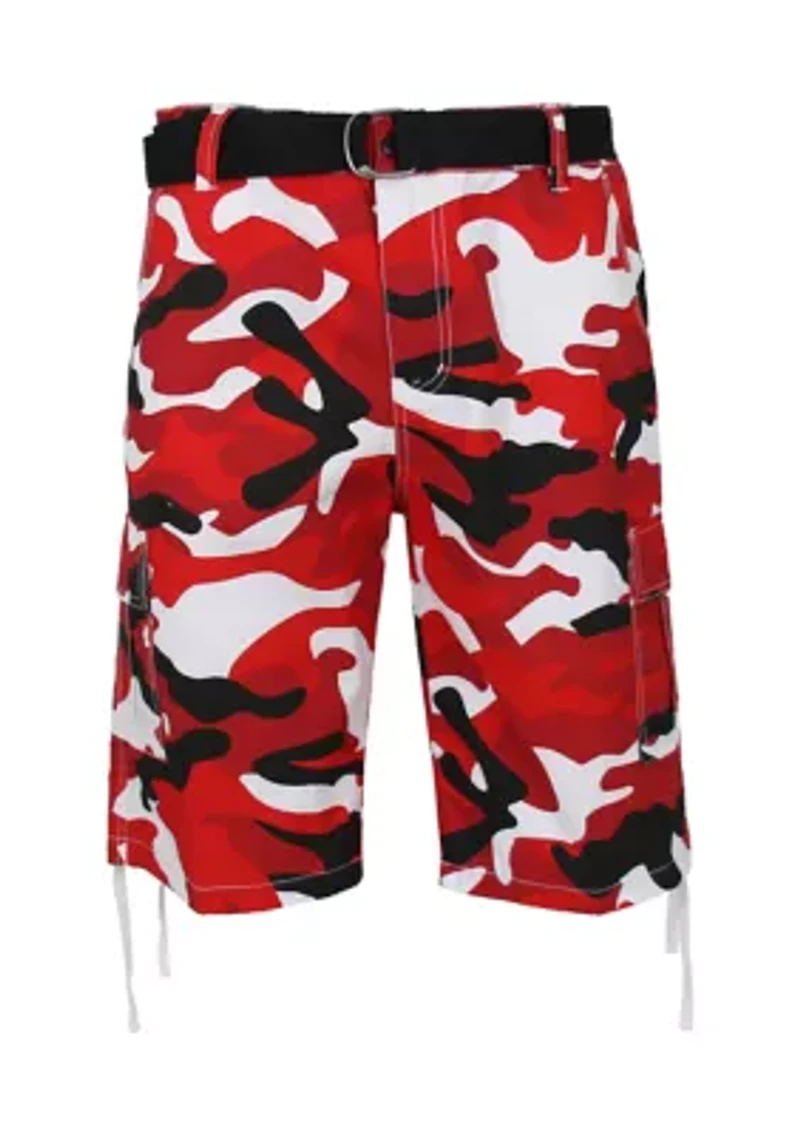 Men's Belted Cargo Shorts With Twill Flat Front Washed Utility Pockets