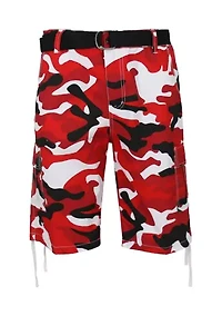 Men's Belted Cargo Shorts With Twill Flat Front Washed Utility Pockets