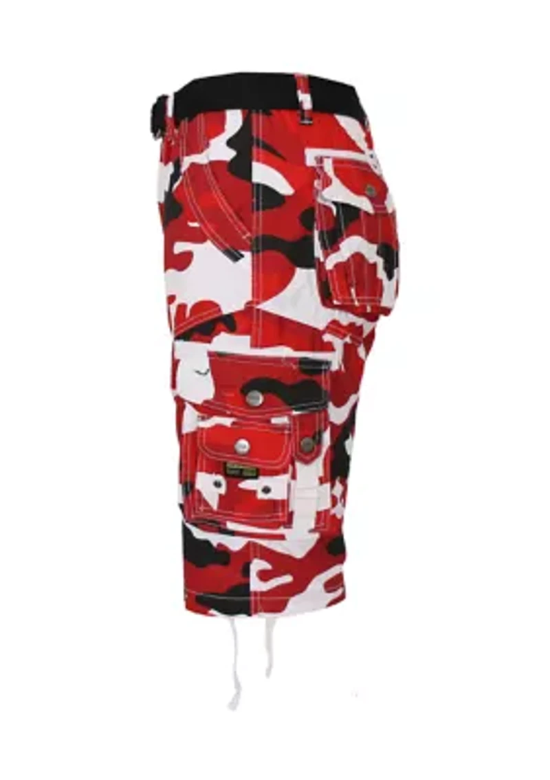 Men's Belted Cargo Shorts With Twill Flat Front Washed Utility Pockets
