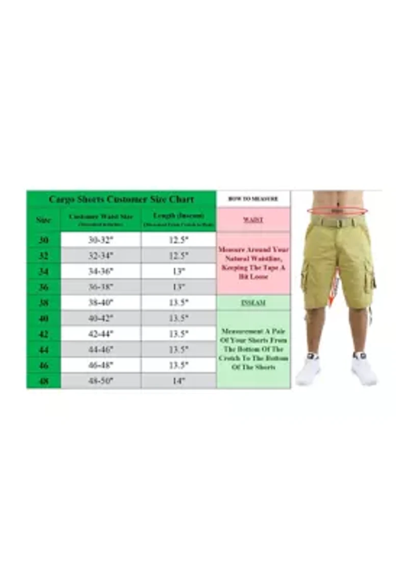 Men's Belted Cargo Shorts With Twill Flat Front Washed Utility Pockets