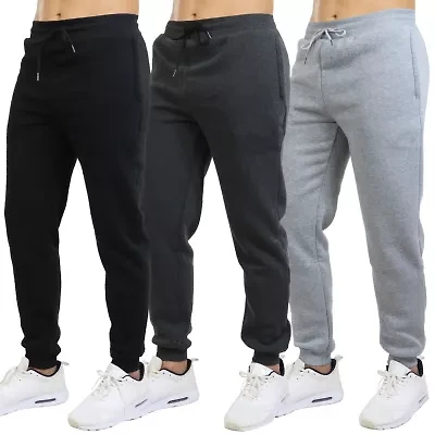 Blue Ice Men's Modern Fit Heavyweight Classic Fleece Jogger Sweatpants With Zipper Side Pockets- 3 Pack