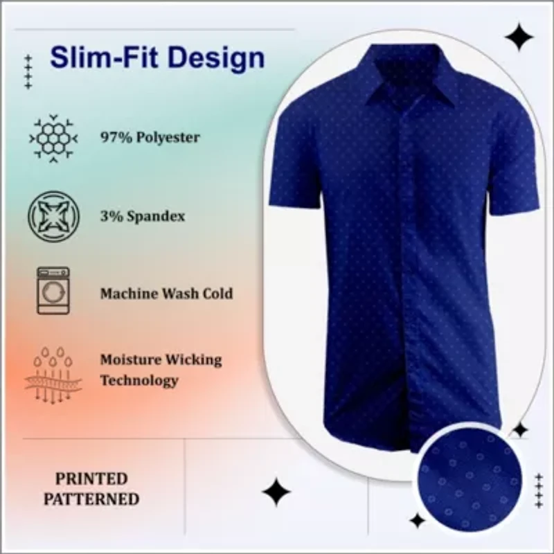 Men's Slim Fit Short Sleeve Stretch Printed Dress Shirts