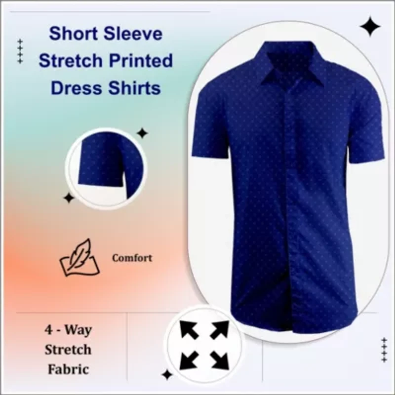 Men's Slim Fit Short Sleeve Stretch Printed Dress Shirts