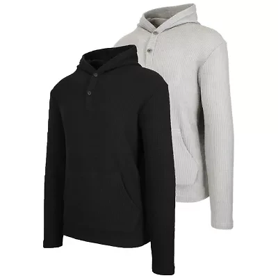 Blue Ice Men's Loose Fit Waffle Knit Thermal Henley Pullover Hoodie -2 Pack