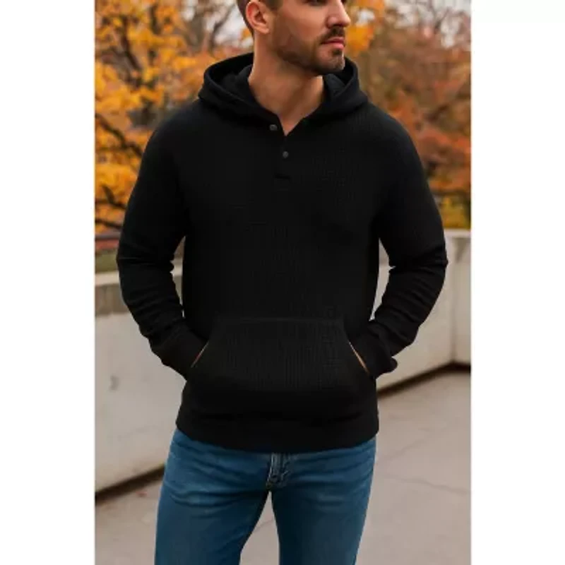 Blue Ice Men's Loose Fit Waffle Knit Thermal Henley Pullover Hoodie -2 Pack