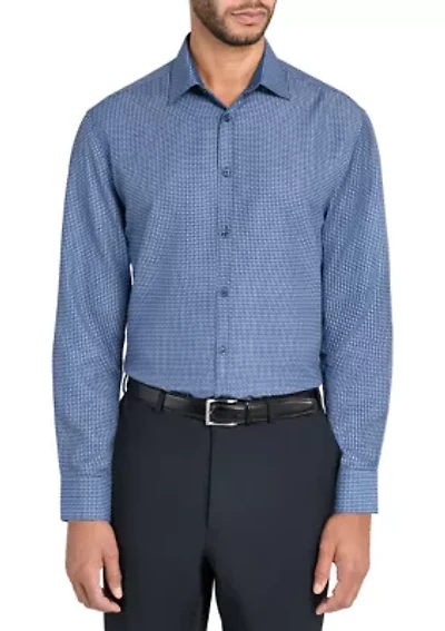 Slim Fit Navy Square Print Performance Stretch Dress Shirt